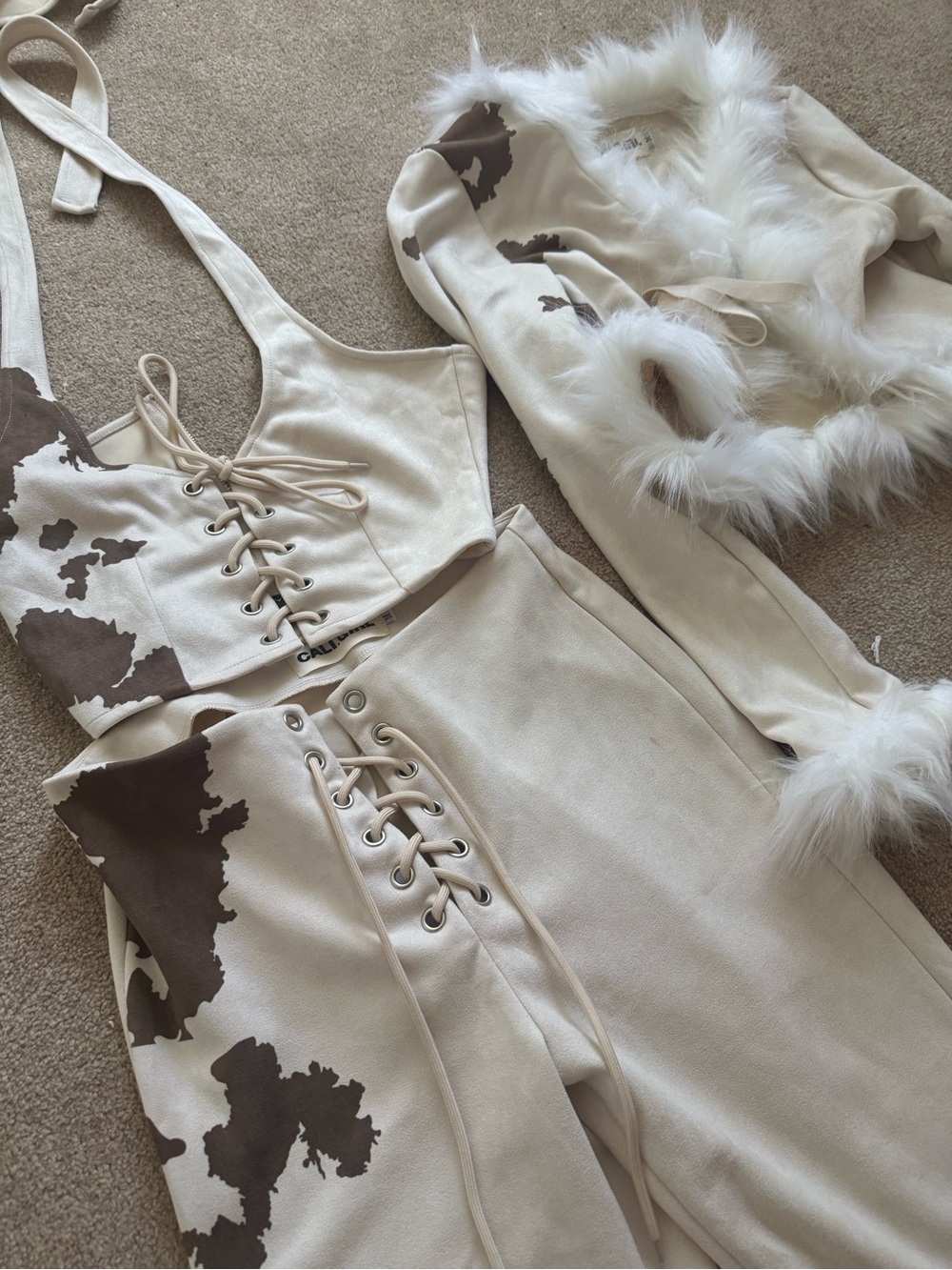 Cow Print Lace-Up 3-Piece Set in Cream and Brown